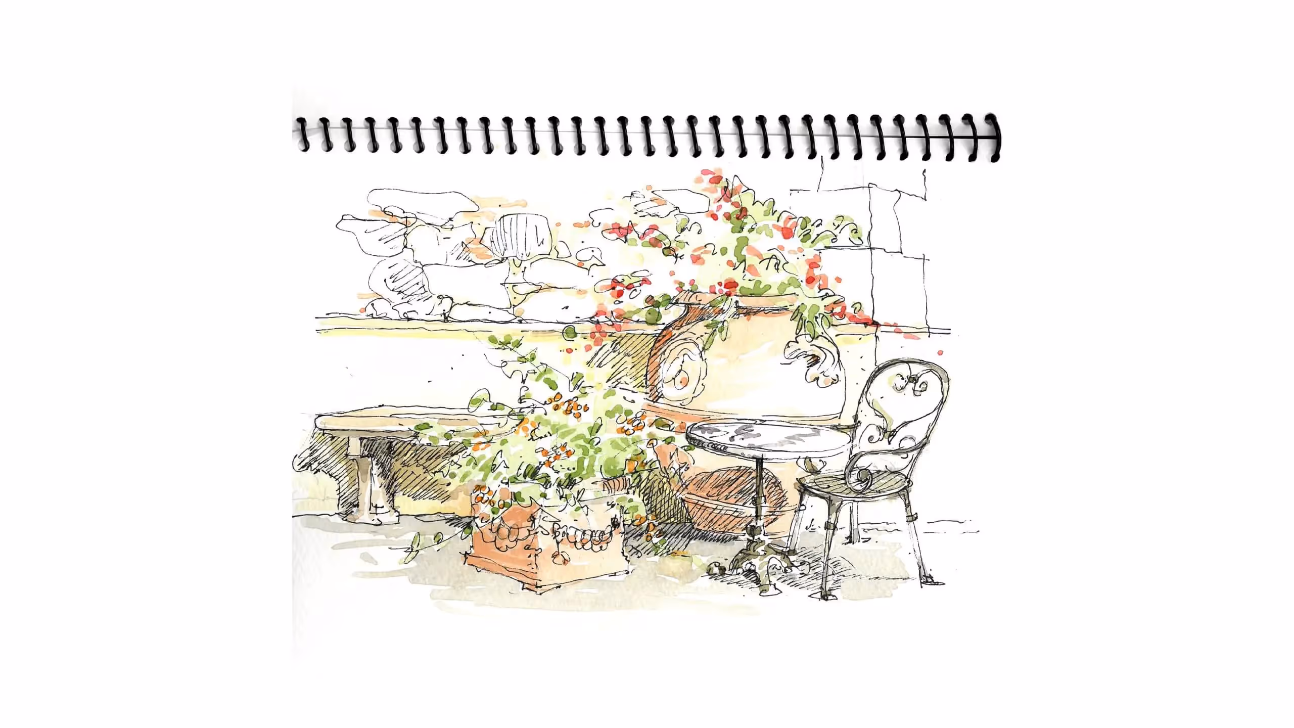 Sketch of garden scene with flowering plants, table, and decorative chair
