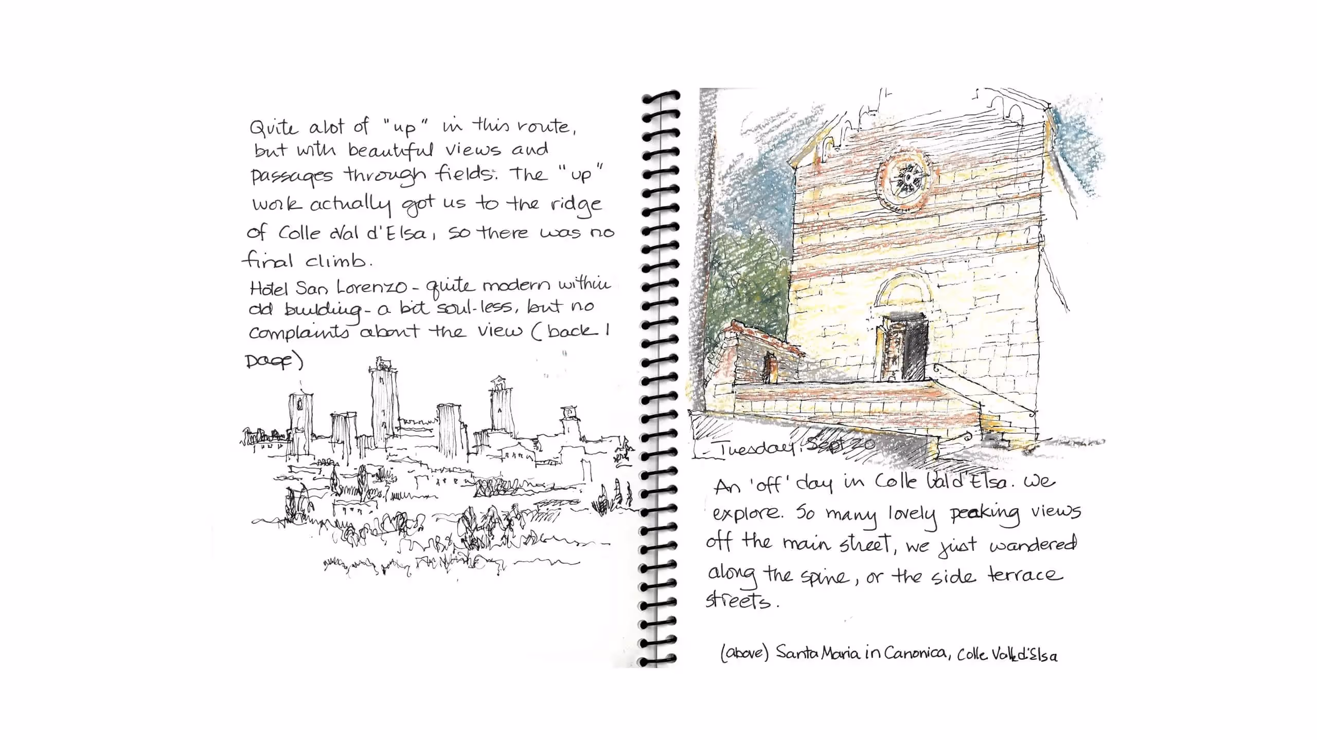 Sketched travel journal page with architectural drawings of Colle Val d'Elsa