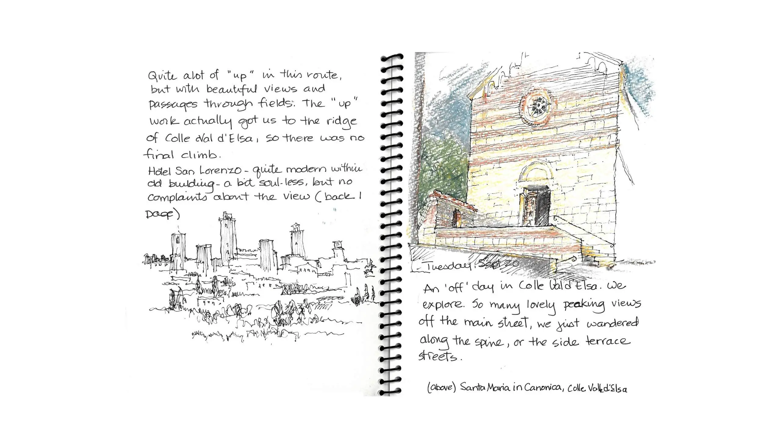 Sketched travel journal page with architectural drawings of Colle Val d'Elsa