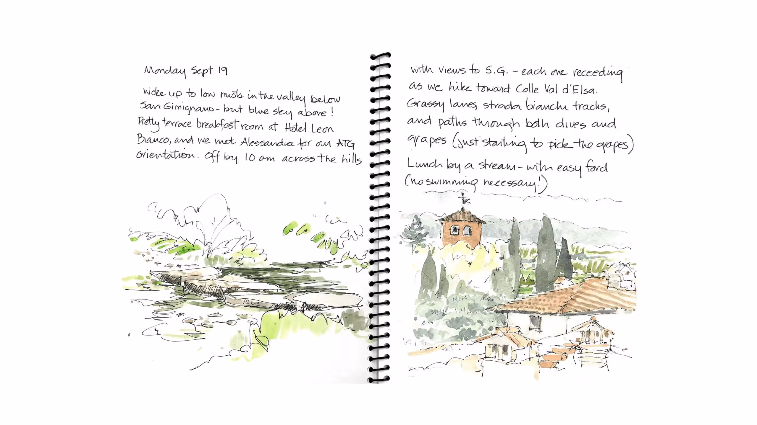 Hand-drawn travel journal sketches of Tuscan landscape with buildings and stream
