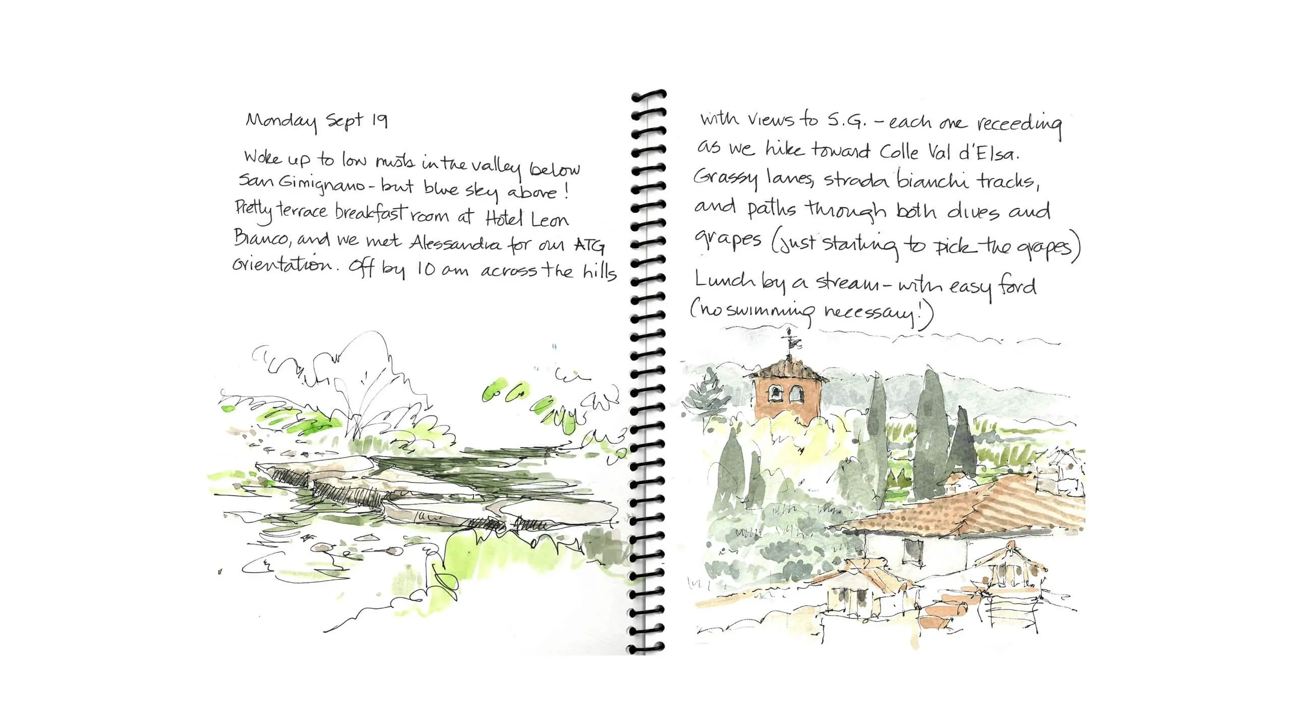 Hand-drawn travel journal sketches of Tuscan landscape with buildings and stream