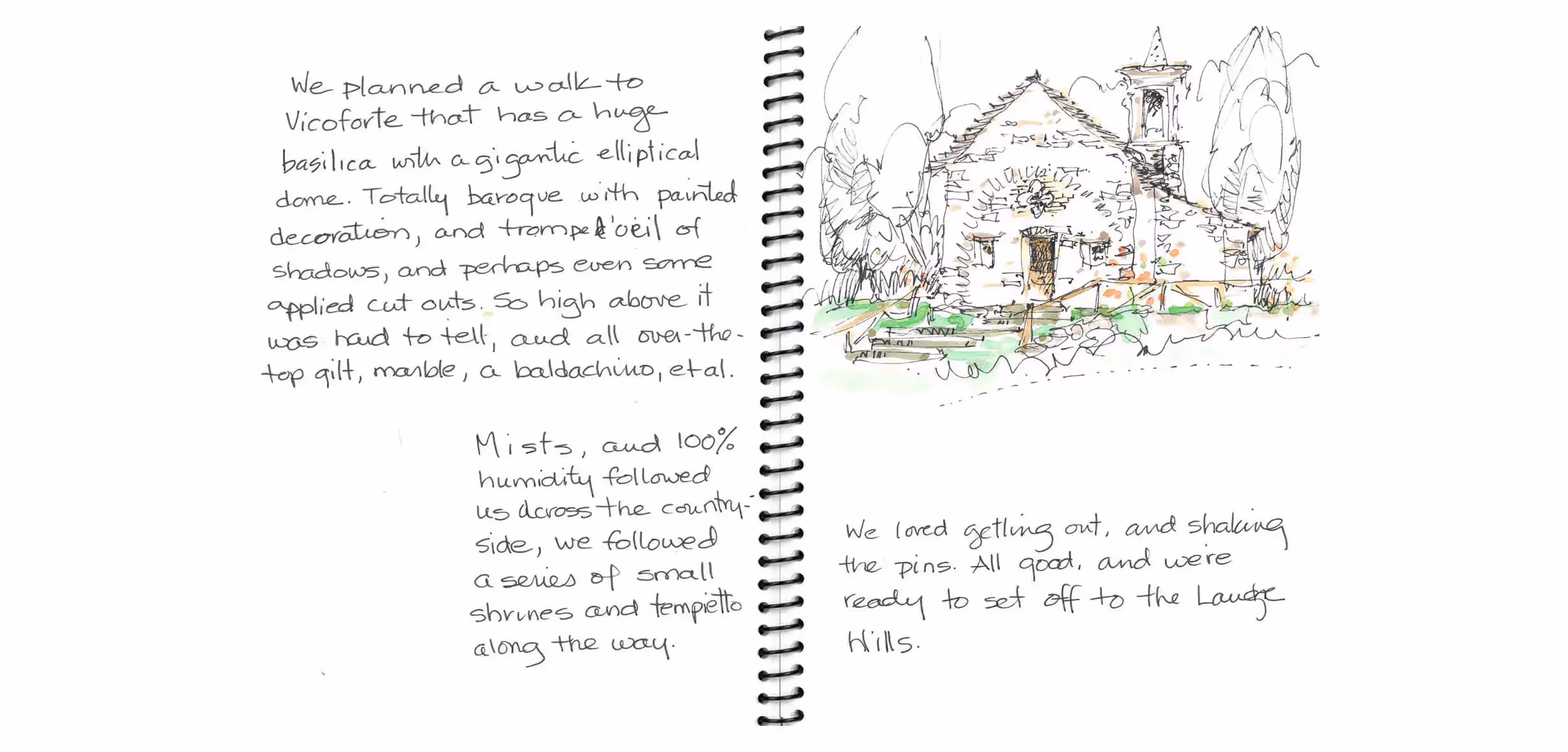 Handwritten journal page with sketch of stone building and trees