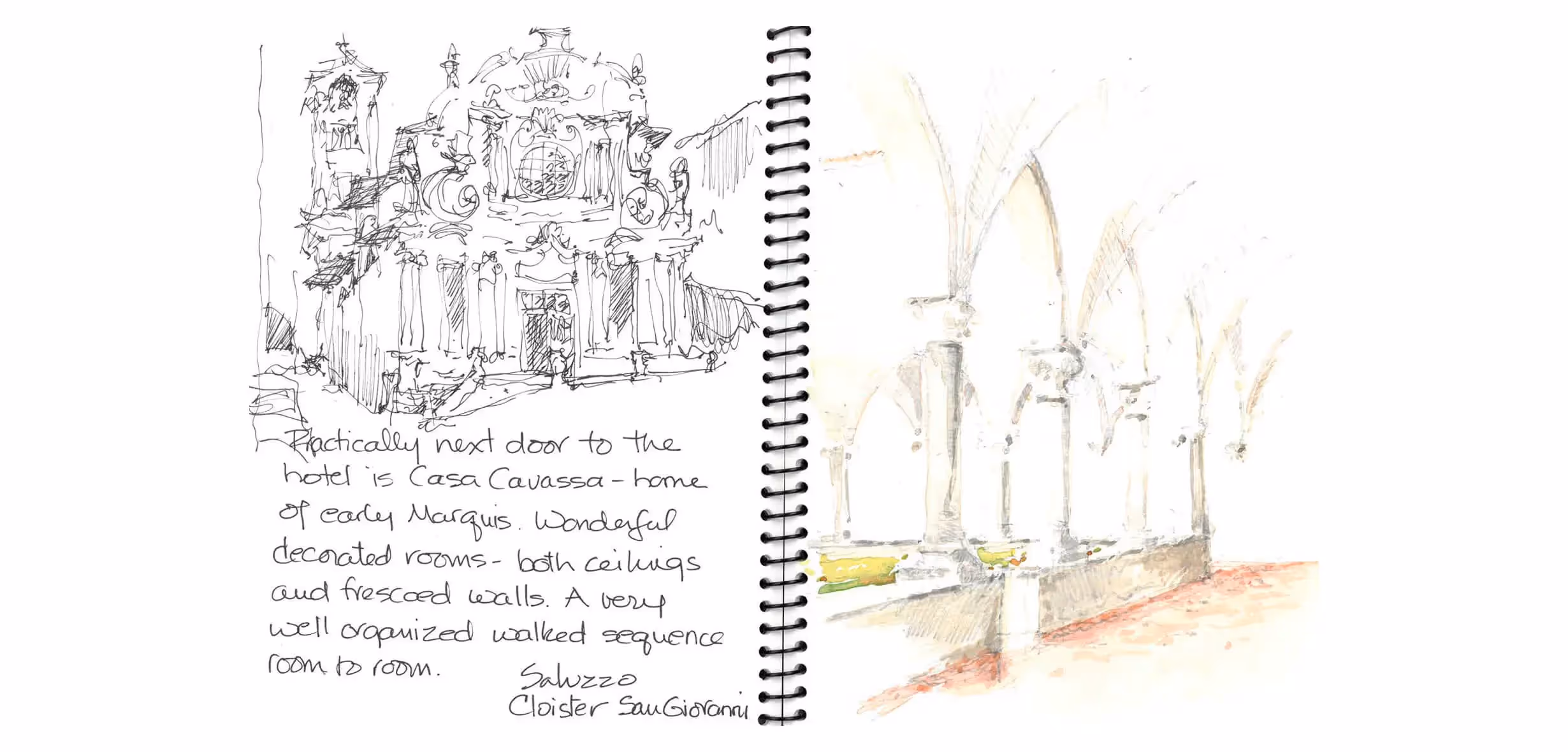 Architectural sketch of Casa Cavassa interior with detailed columns and frescoes