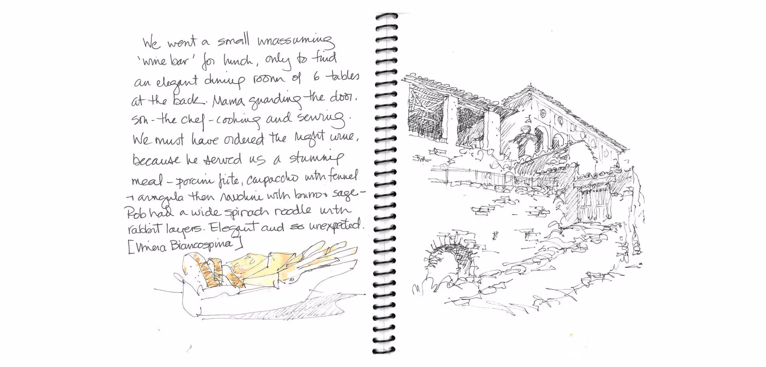 Sketch of rustic restaurant with handwritten notes about a memorable lunch