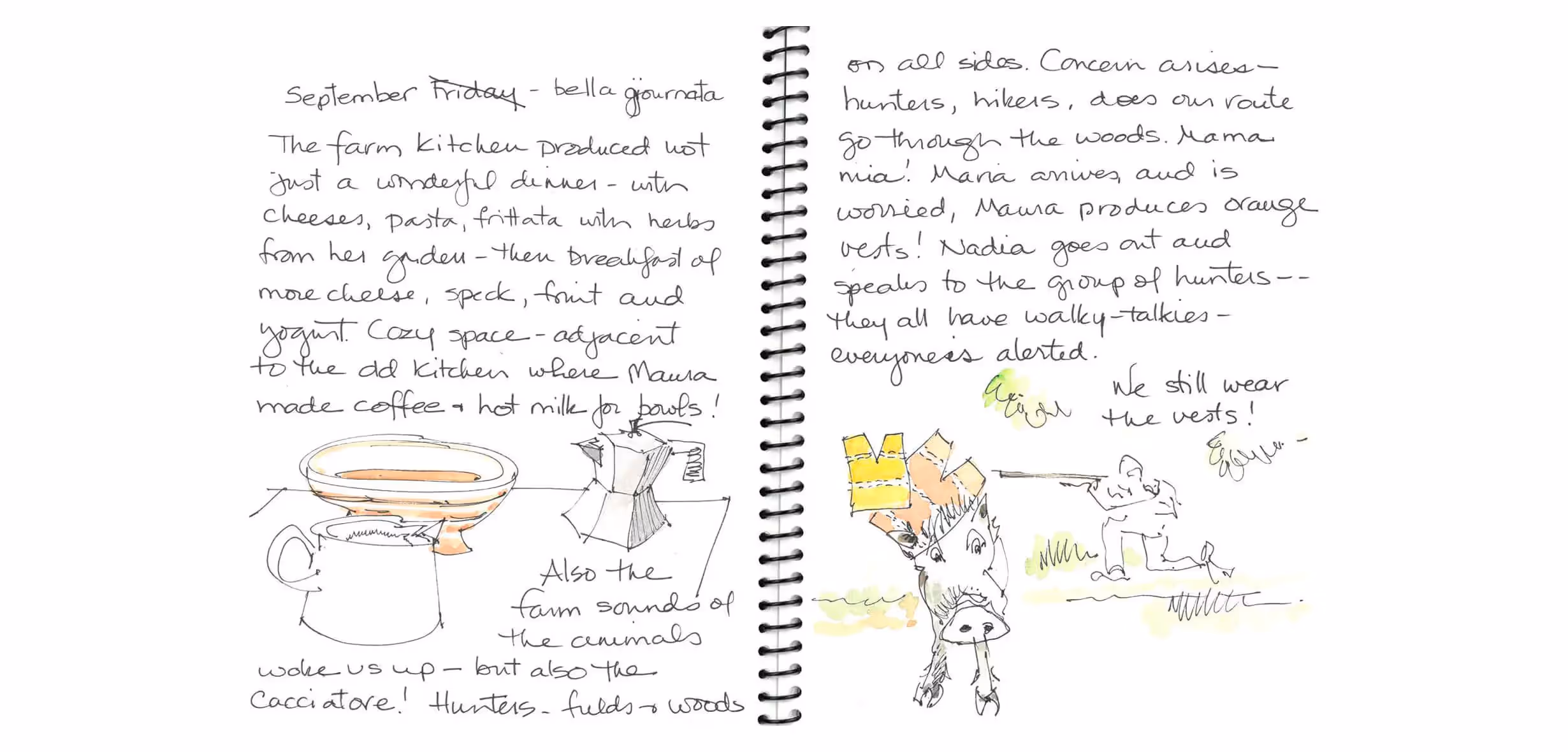 Handwritten diary page with sketches of kitchen items and hunters