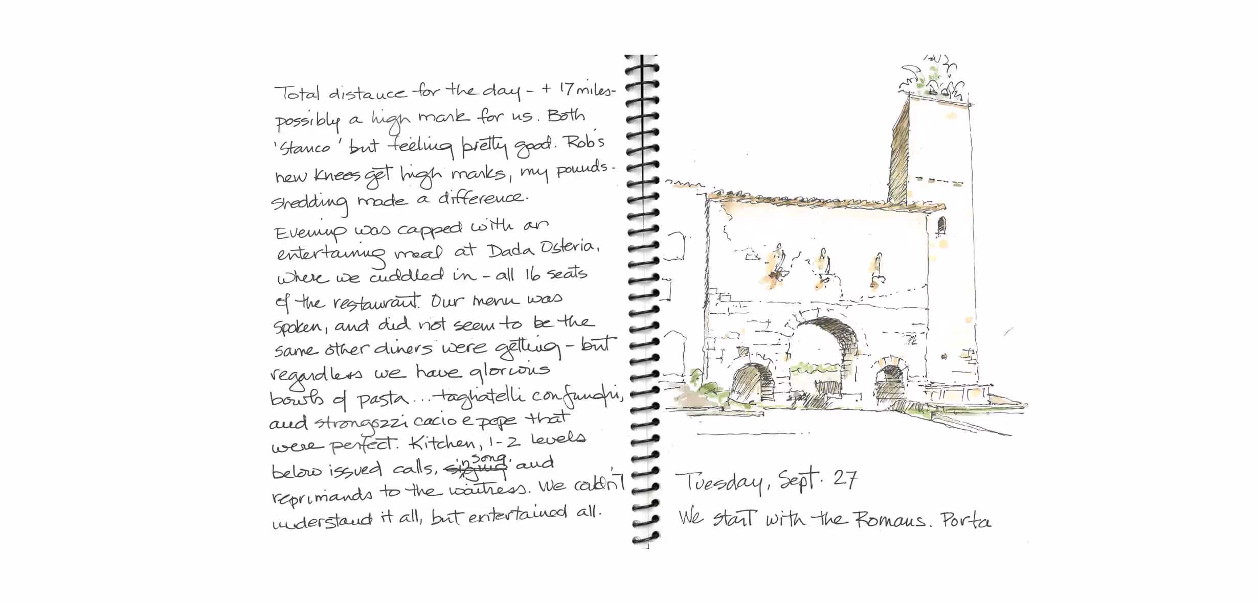 Hand-written journal page with sketch of rustic building and travel notes