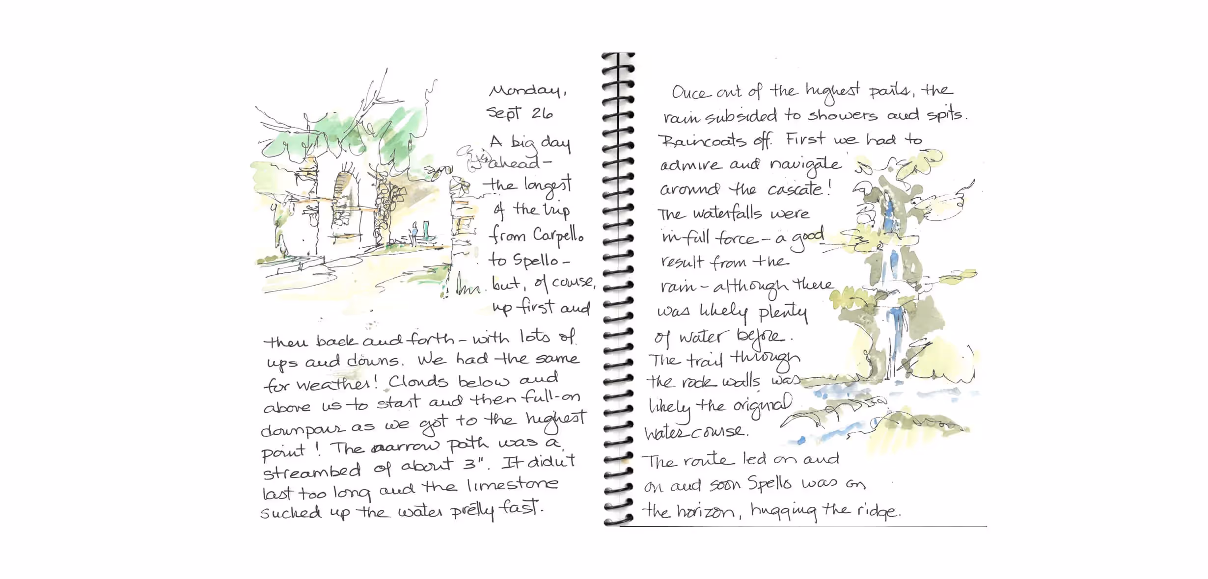 Handwritten travel journal page with sketches of landscape and waterfall