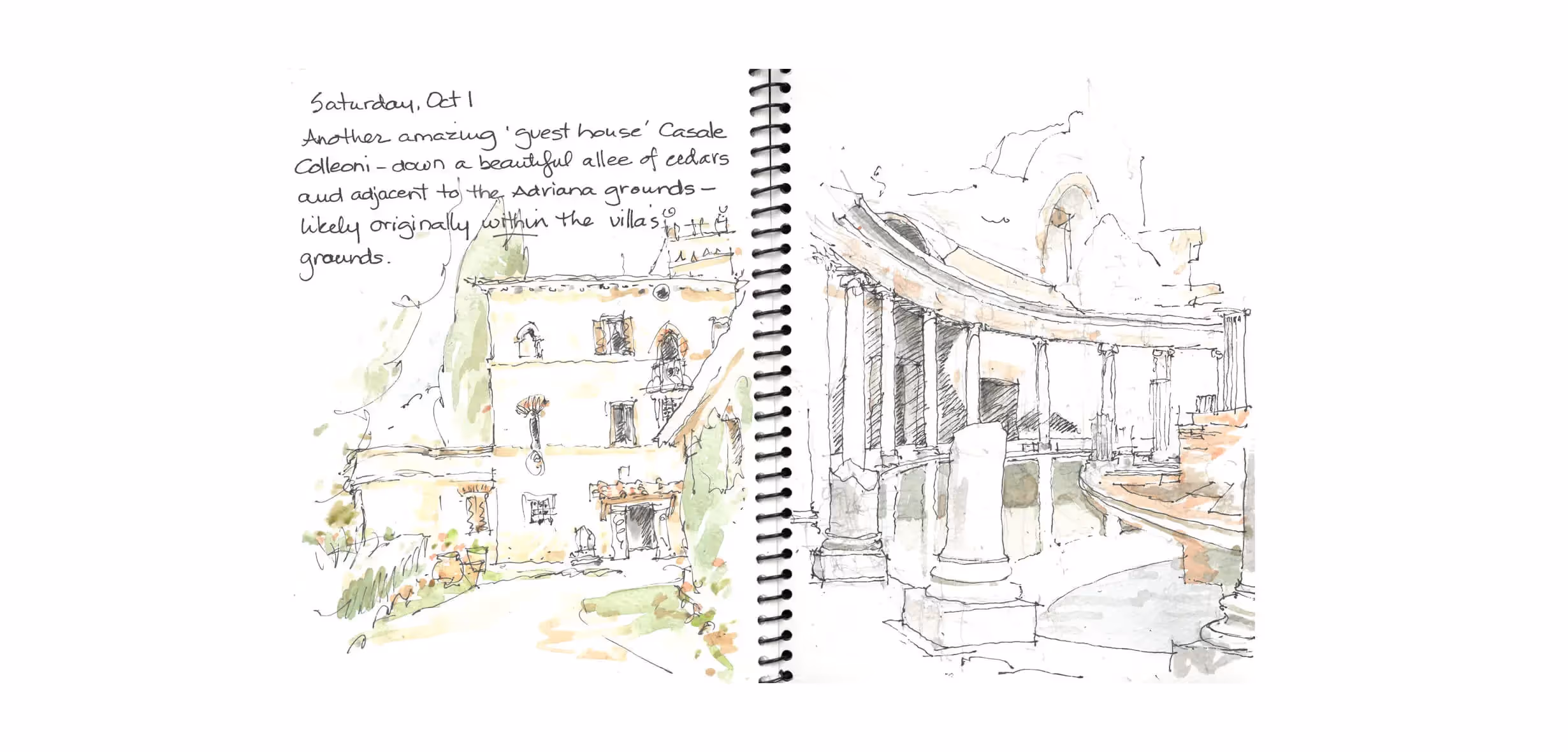 Watercolor sketch of historic villa with columns and stone buildings