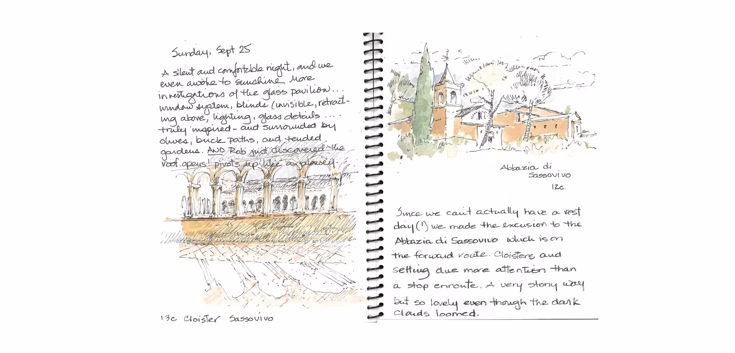 Travel journal sketch of Abbazia di Sassovivo monastery with architectural details