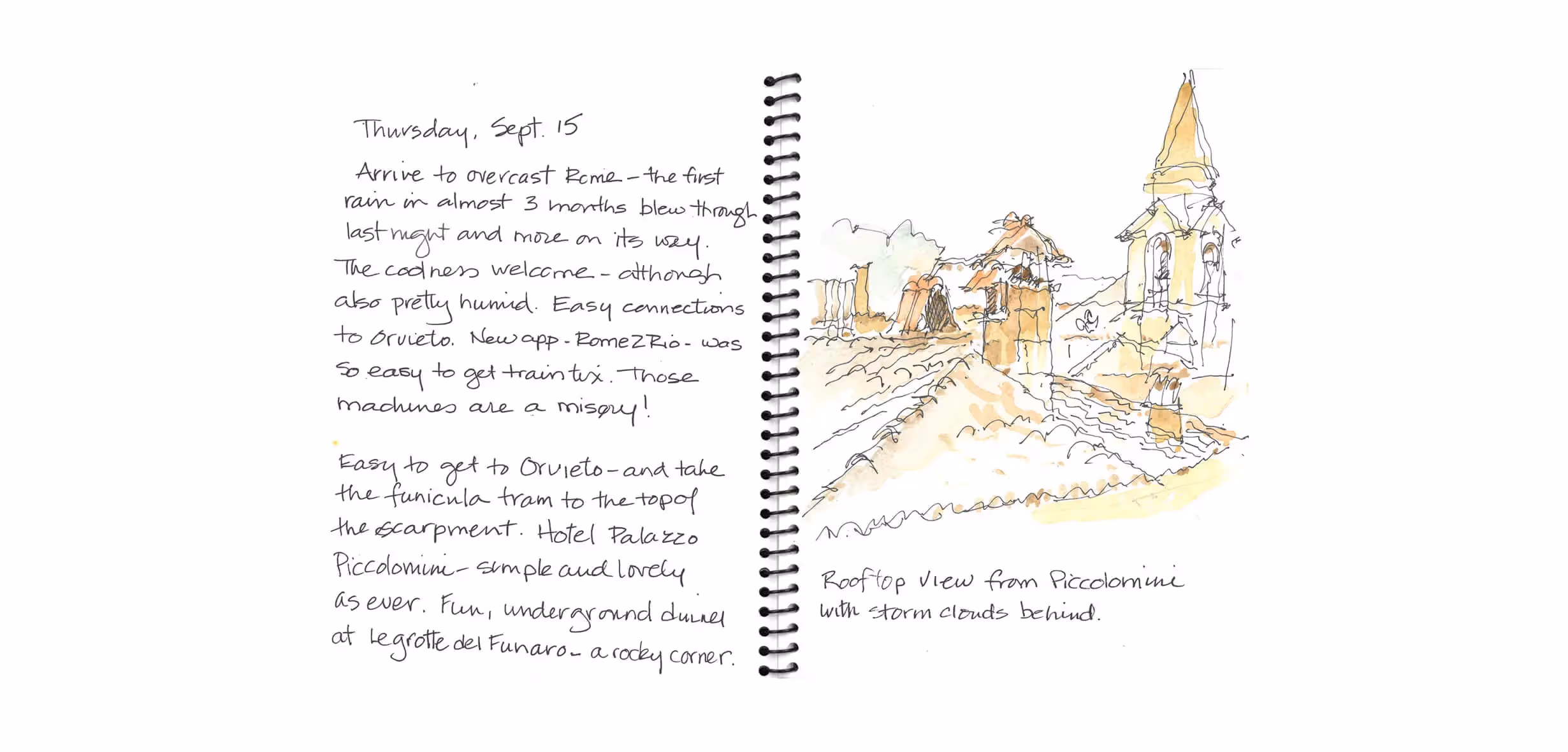 Handwritten travel journal with sketch of Orvieto rooftops and church tower