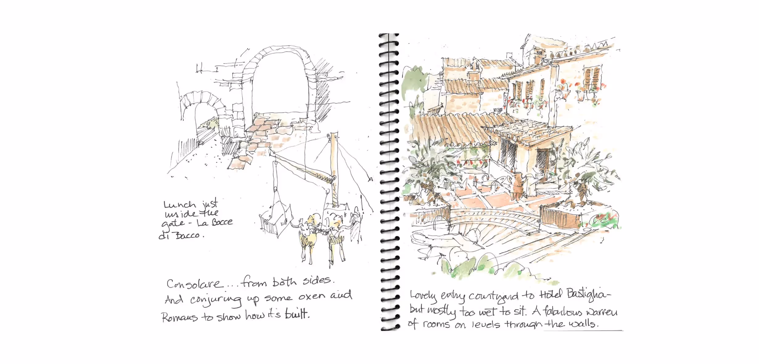 Sketched architectural drawings of Italian village with stone archways and buildings