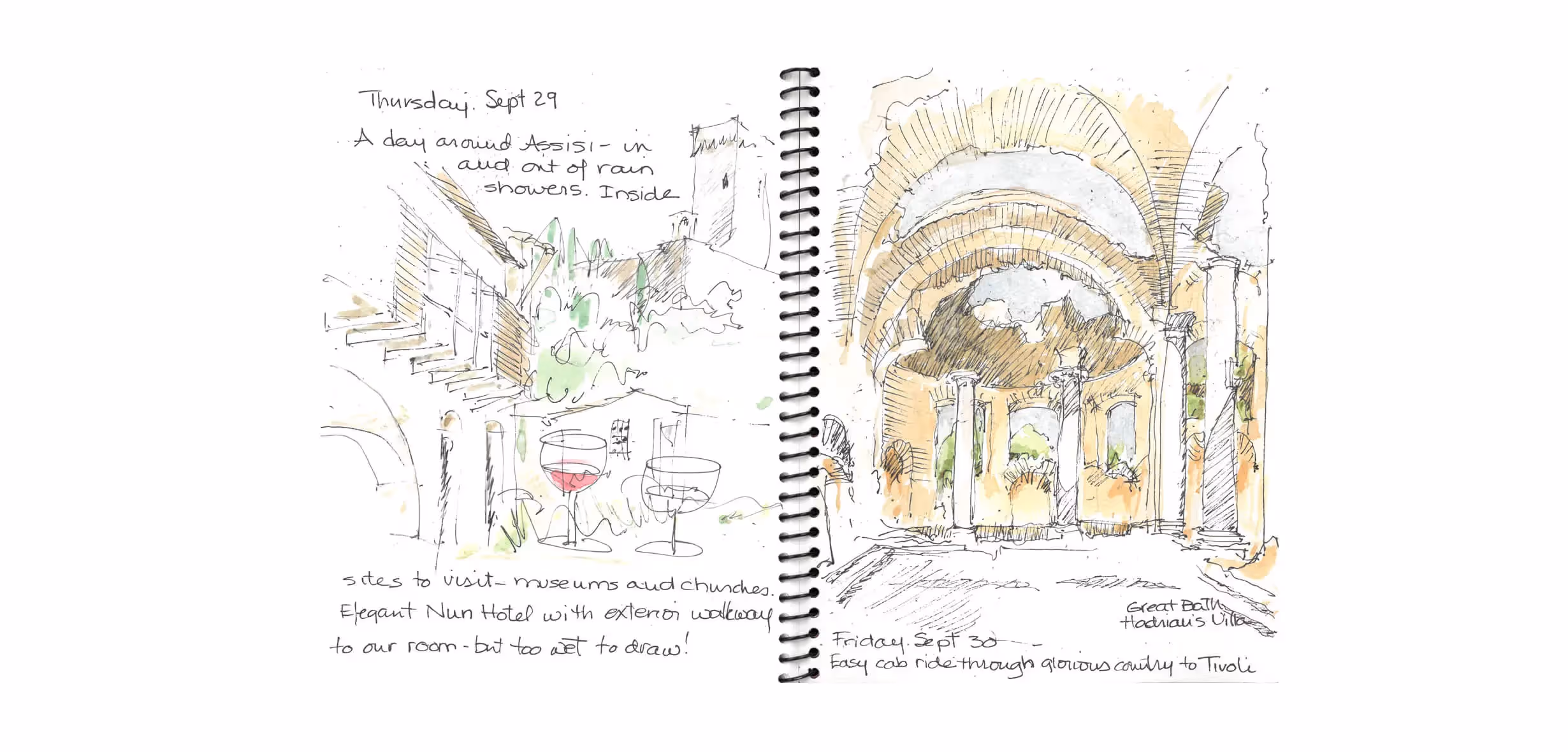 Watercolor travel sketches of Assisi architecture, wine glasses, and arched walkways