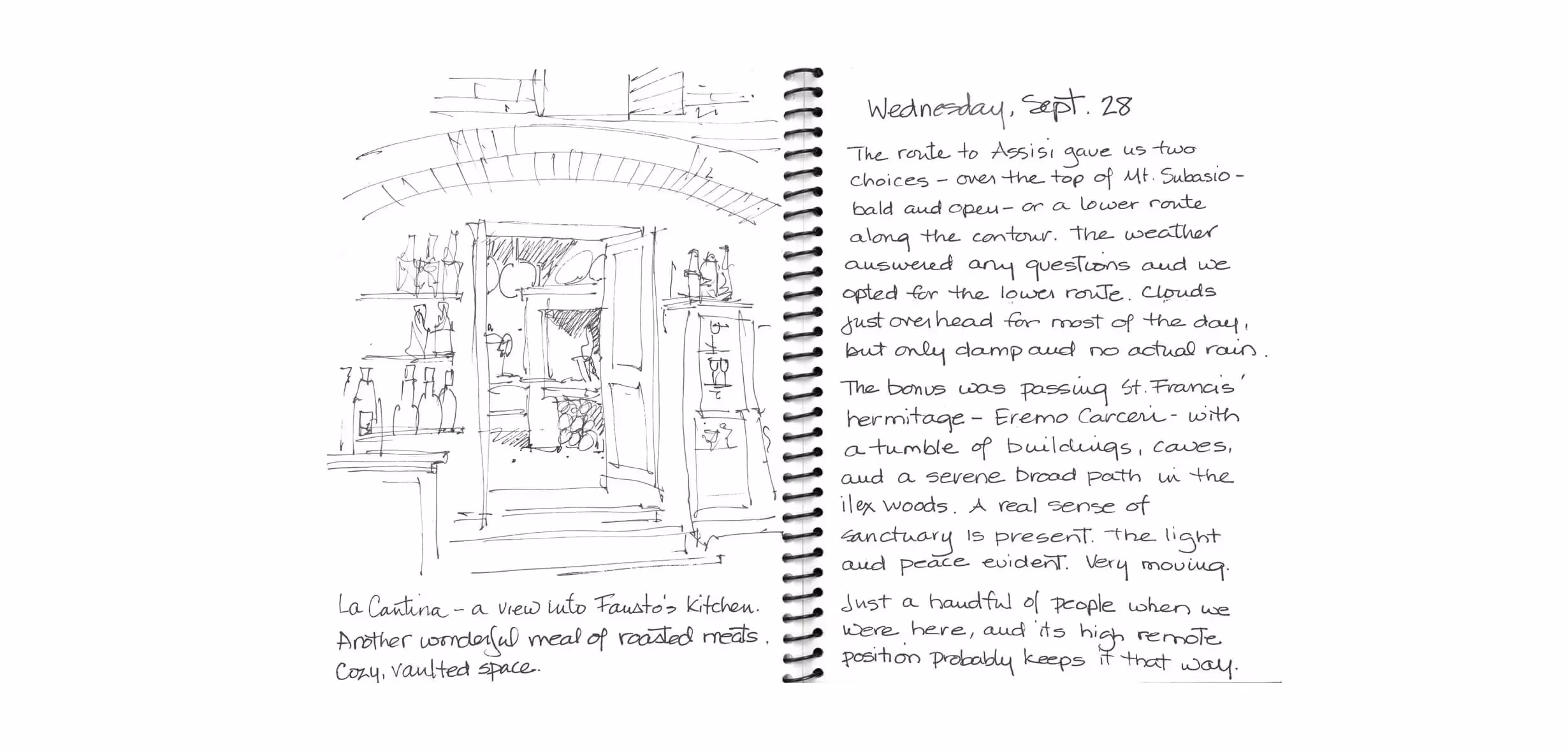 Sketch of kitchen interior with bottles, handwritten travel journal entry