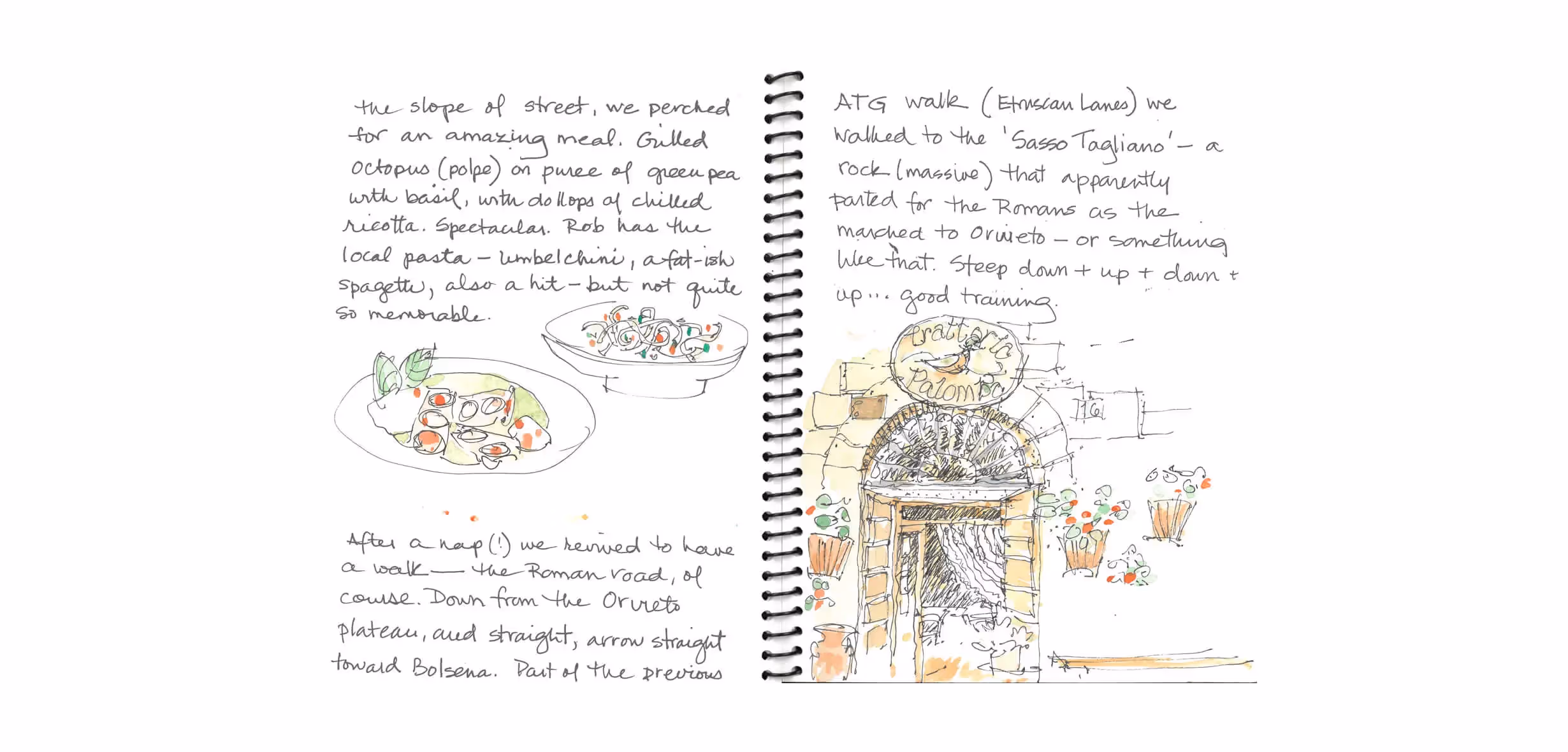 Travel journal page with sketches of Italian food, dishes, and architectural details