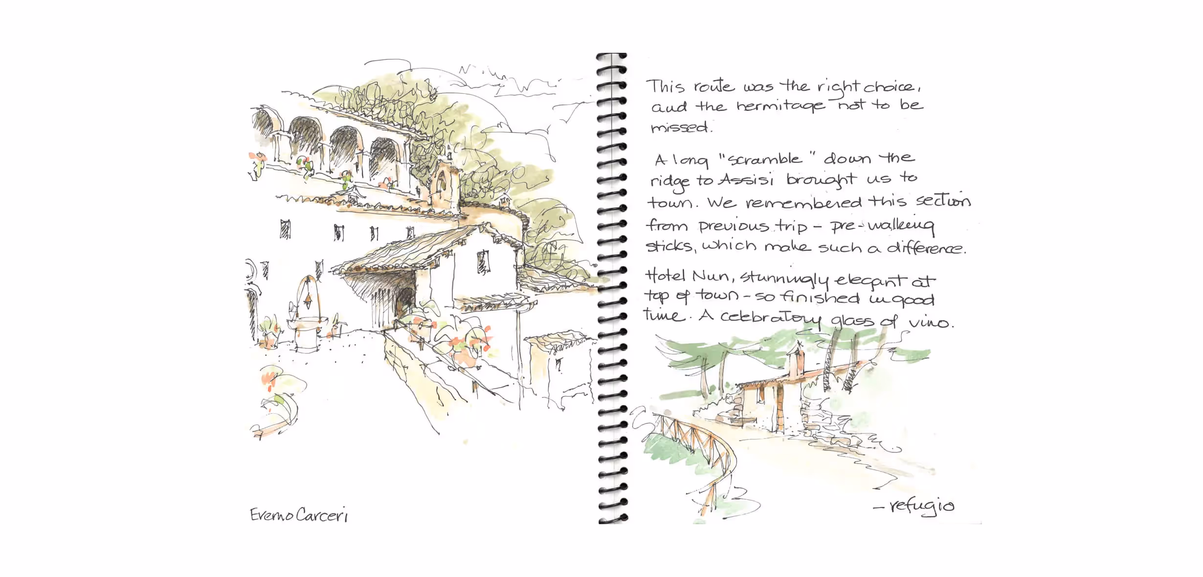 Hand-drawn sketch of Italian village landscape with architectural details