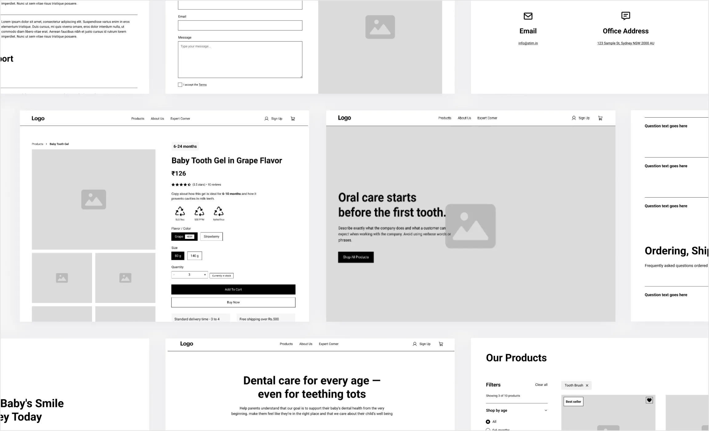 Website mockups of dental care products and info for babies, featuring baby tooth gel and oral care tips.