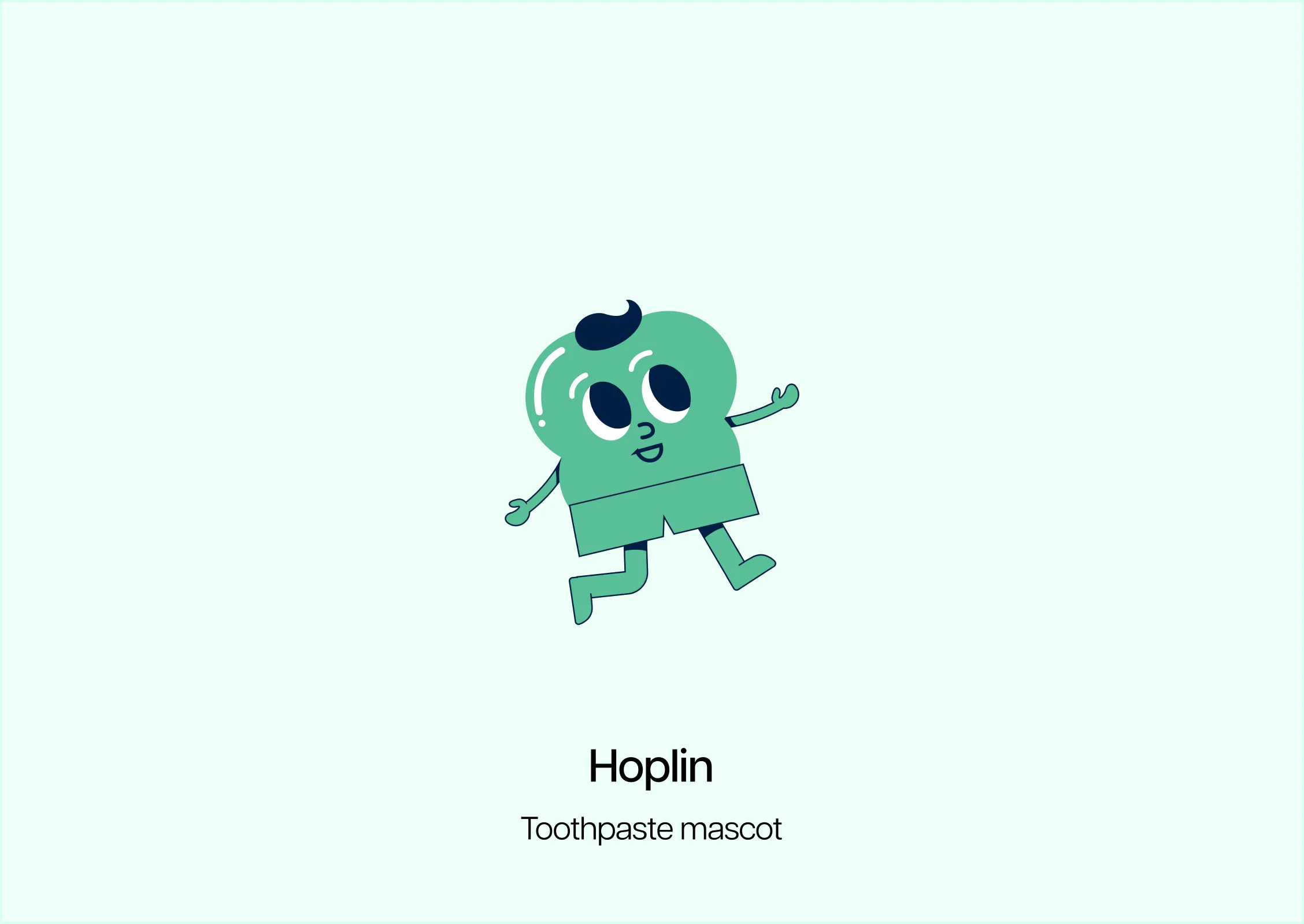 Green cartoon character named Hoplin with black hair, big eyes, and shorts against pale background.
