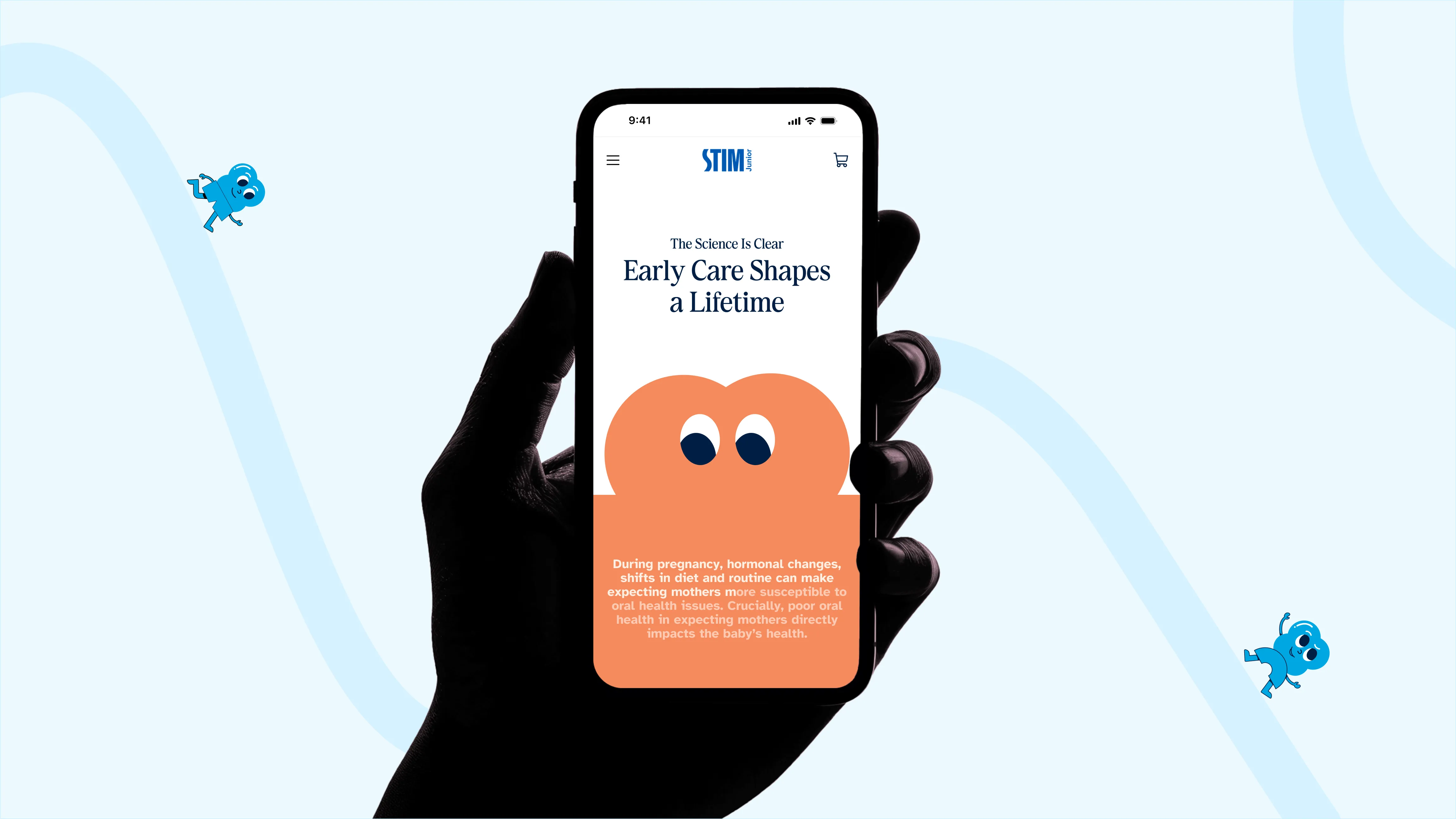 Hand holding phone displaying text about early care shaping a lifetime with cartoon eyes and info on oral health.