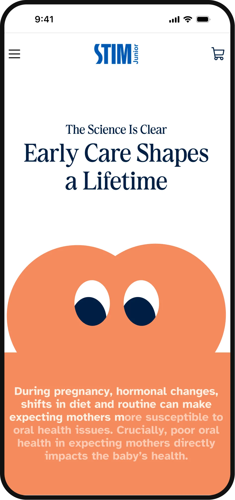 Mobile screen showing STIM Junior message: early care shapes life; pregnancy hormone changes can affect oral health.