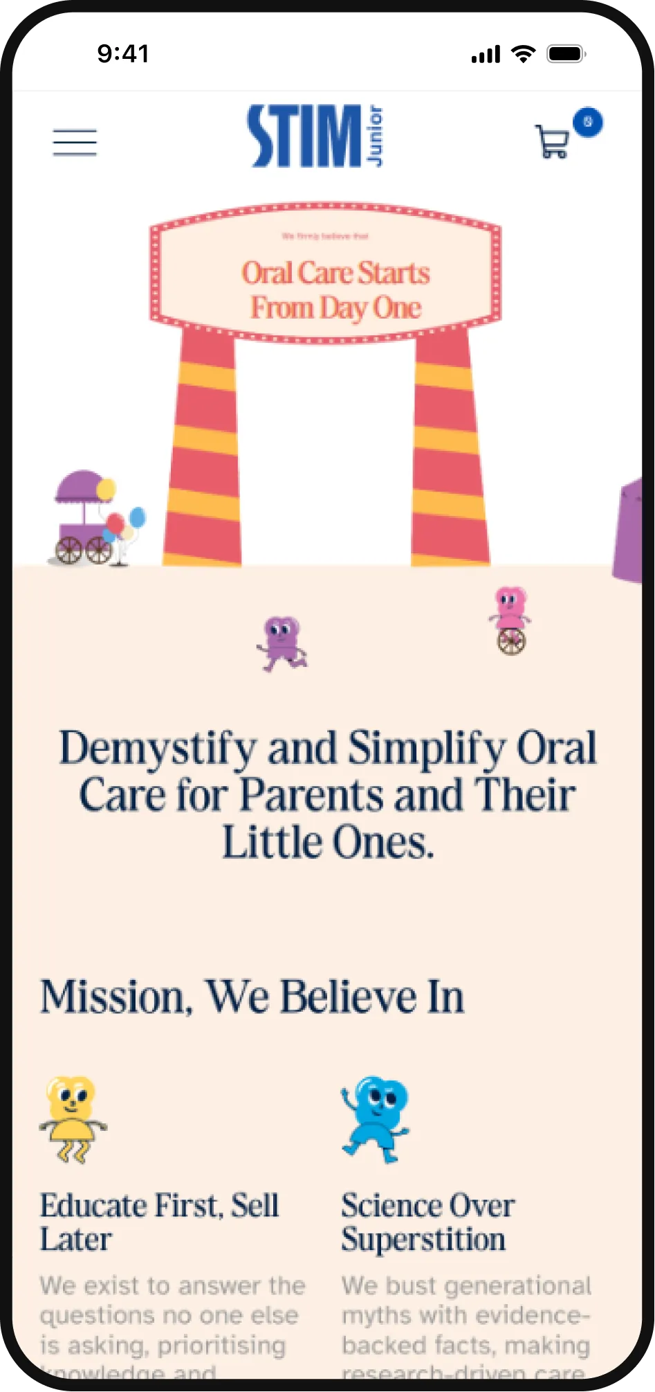 Mobile screen of STIM Junior site with tagline on oral care for parents and kids and mission statements.