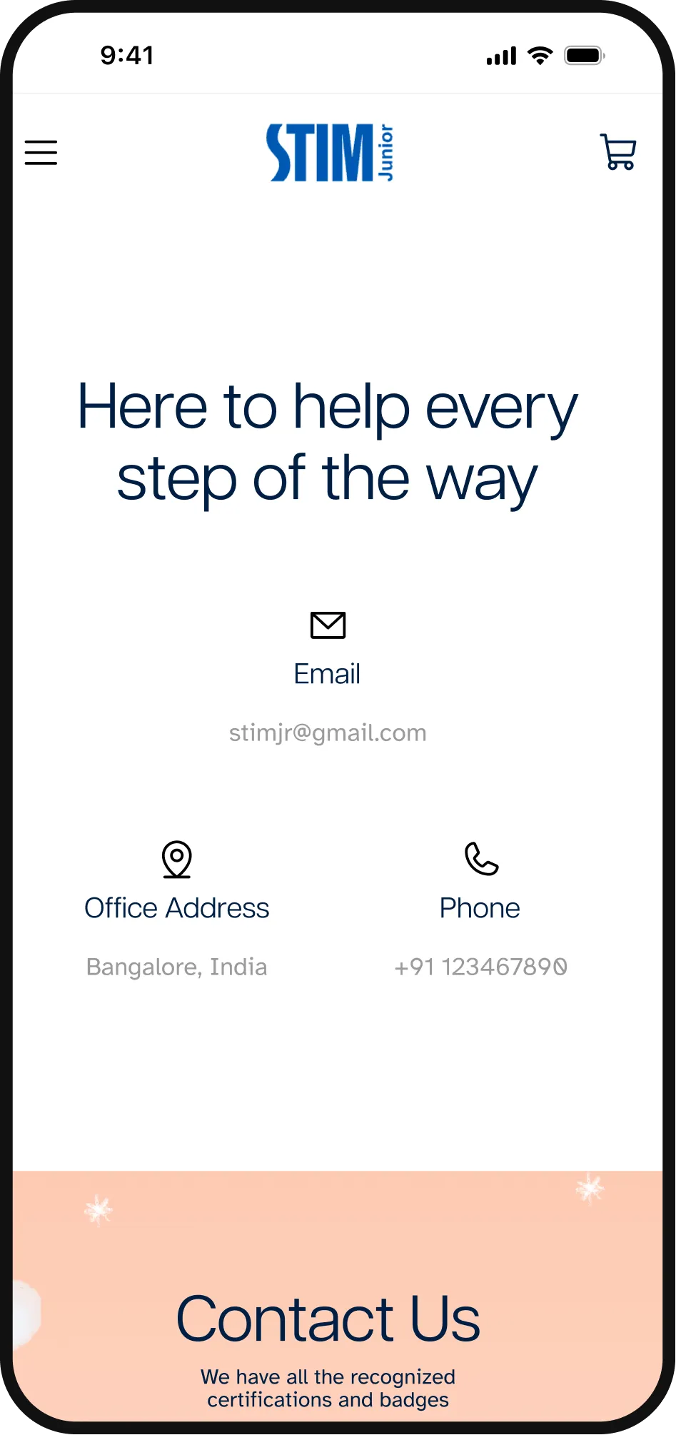 Contact page showing email, office address in Bangalore, India, and phone number for STIM Junior support.