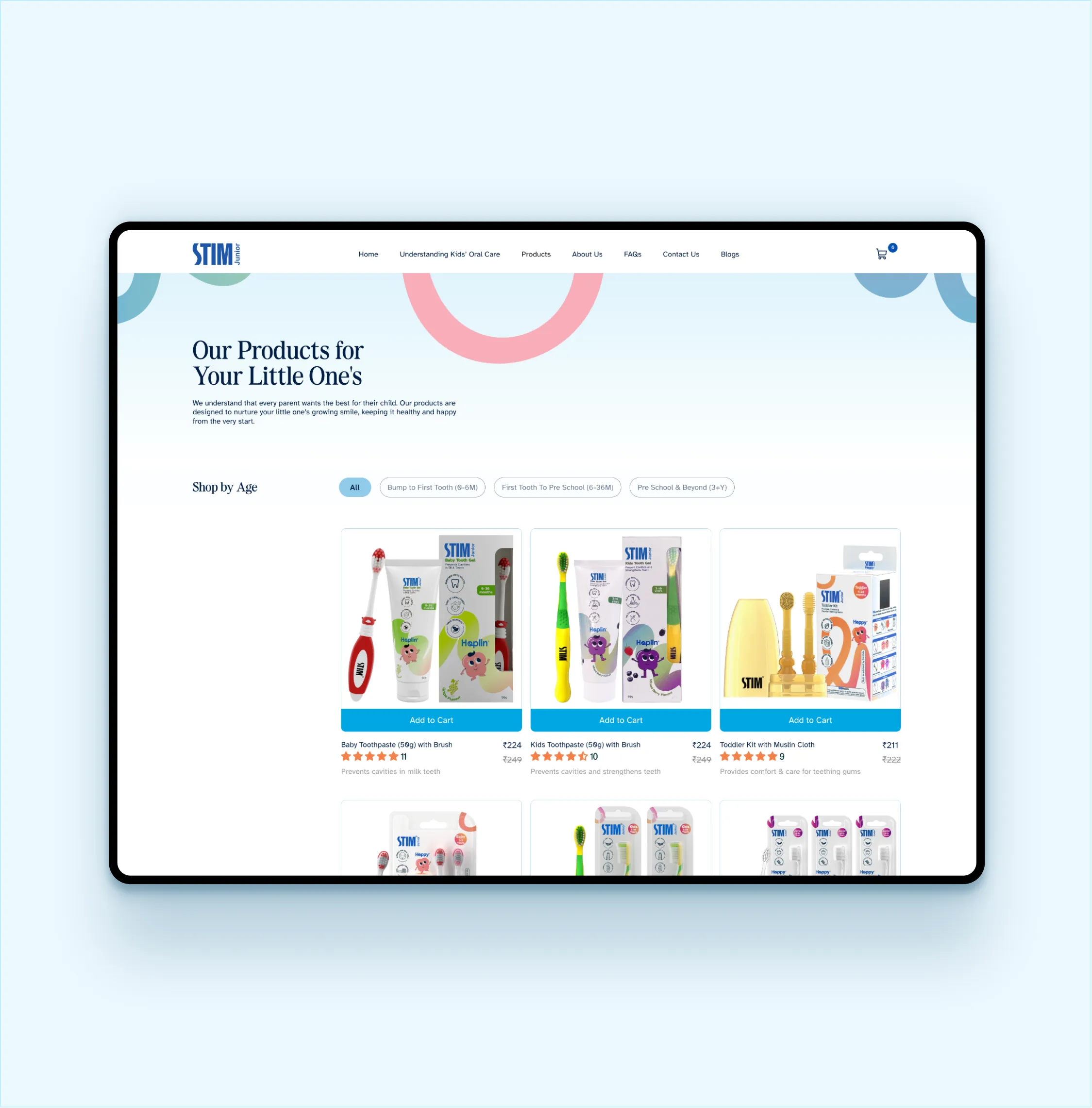 Online store page showing children's oral care products including toothpaste and toothbrush kits.