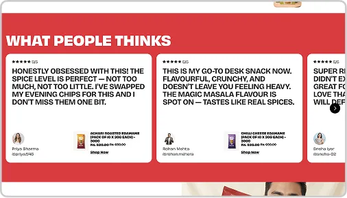 Red review cards with user testimonials praising a spicy snack's flavor and crunchiness.