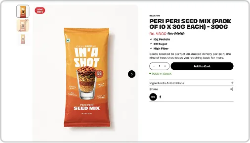 Product page showing Peri Peri Seed Mix pack with price, discount, and add to cart button.