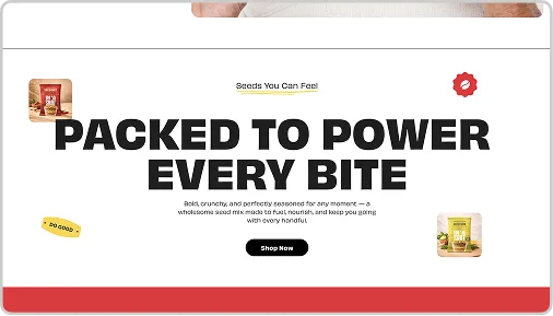 Ad banner with bold text 'Packed to power every bite' and seed mix product images on white background.