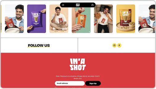 Website section with snack packs, man smiling, and sign-up form for IN'A SHOT newsletter.