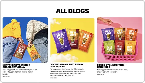 Three blog previews featuring energy bars: outdoor shot, bar pack on clouds, and basket with bars on pink background.