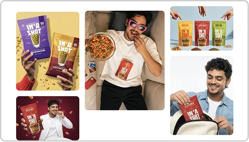 Collage of people holding, eating, and enjoying In'A Shot snack products in colorful packaging.