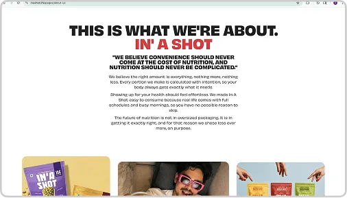 Webpage section titled 'This Is What We're About. In' A Shot' with text about nutrition and convenience.