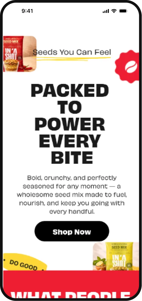 Mobile screen showing ad for seed mix with text 'Packed to power every bite' and a Shop Now button.