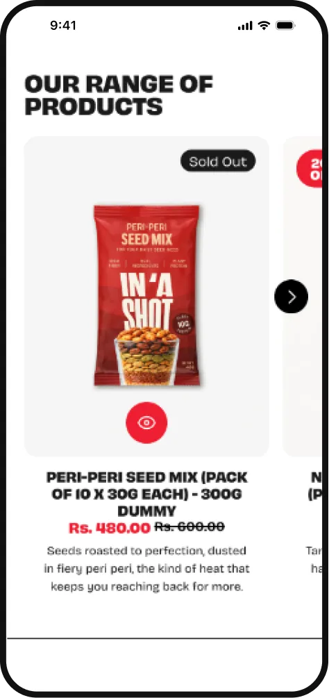Mobile screen showing sold-out Peri-Peri Seed Mix pack, spicy roasted seeds priced at Rs. 480.