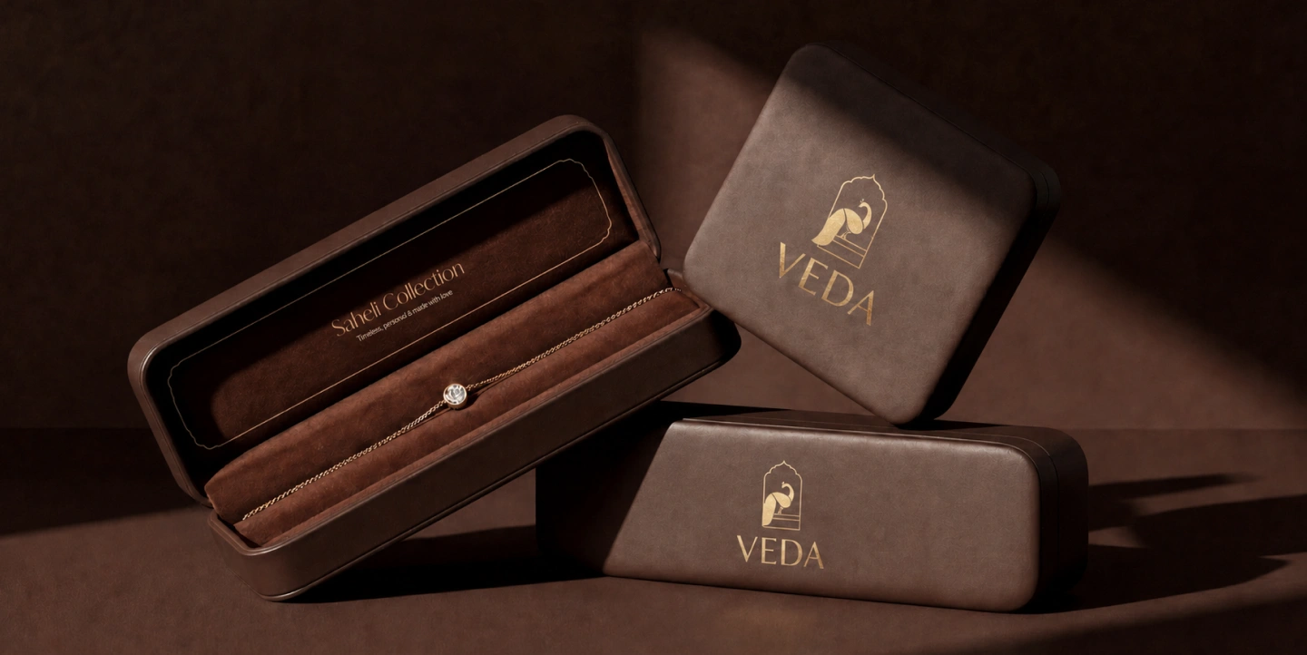 Brown jewelry boxes with VEDA logo and a delicate bracelet with a central gemstone inside one box.