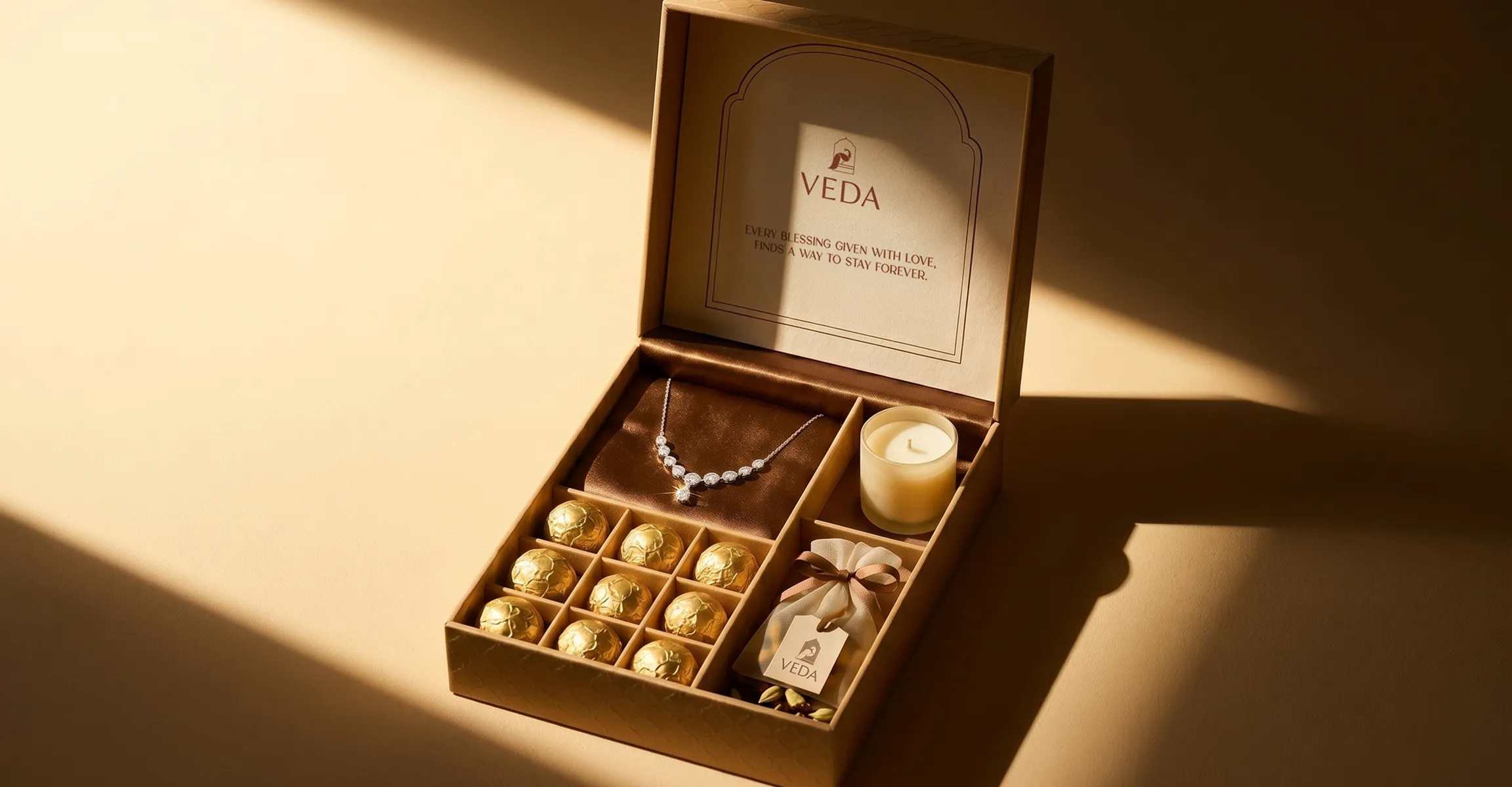 Gift box with a silver necklace, nine chocolates, a candle, and a pouch with VEDA tag.