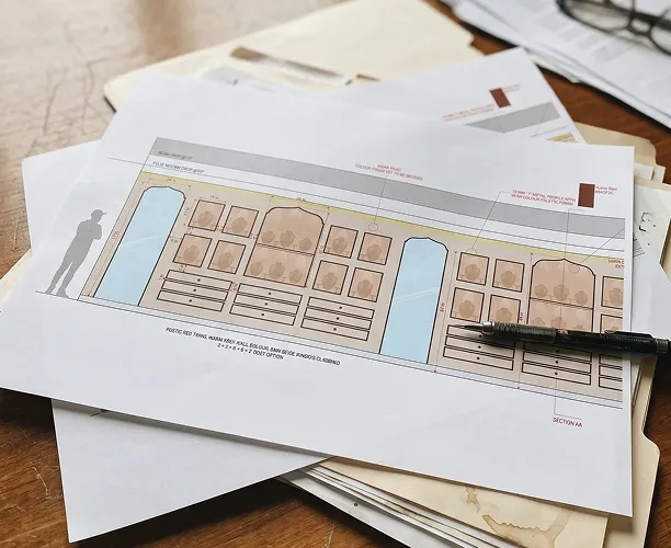 Architectural drawing with colored schematic of wall design and a pen resting on the paper on a wooden desk.