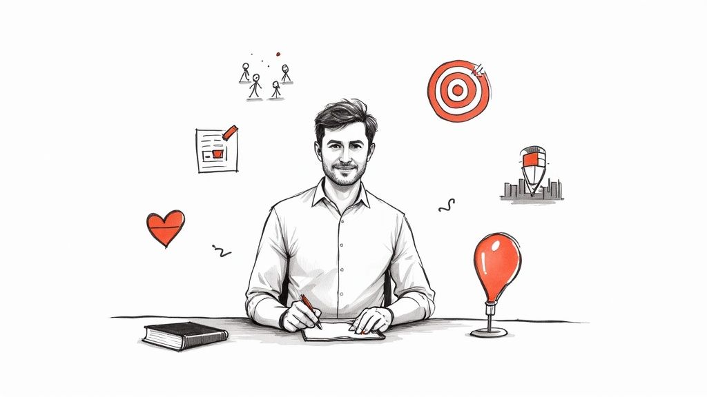 A smiling man, a business coach, writing at a desk surrounded by symbols of goals, ideas, and teamwork.