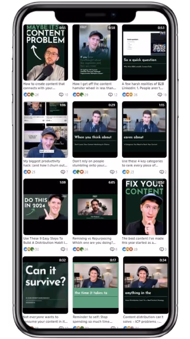 Smartphone screen displaying a social media profile grid with various video thumbnails featuring a man discussing content creation and marketing tips.