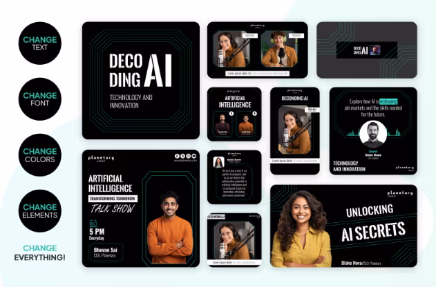 A promotional graphic montage for a talk show about Artificial Intelligence featuring diverse speakers, text overlays about AI technology and innovation, and calls to change text, font, colors, and elements.