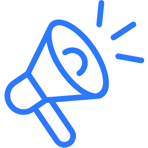 Blue outline illustration of a megaphone with sound lines coming out of the horn.
