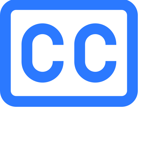 Blue icon of closed captions symbol with two capital letters C inside a rounded rectangle.