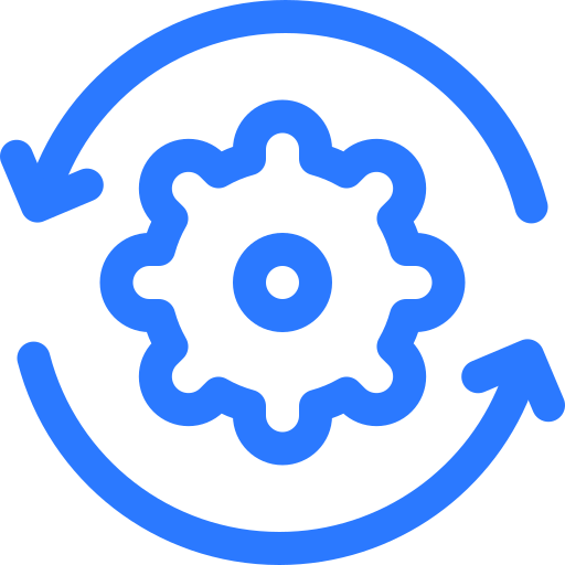 Blue gear icon surrounded by circular arrows representing a continuous process or settings update.