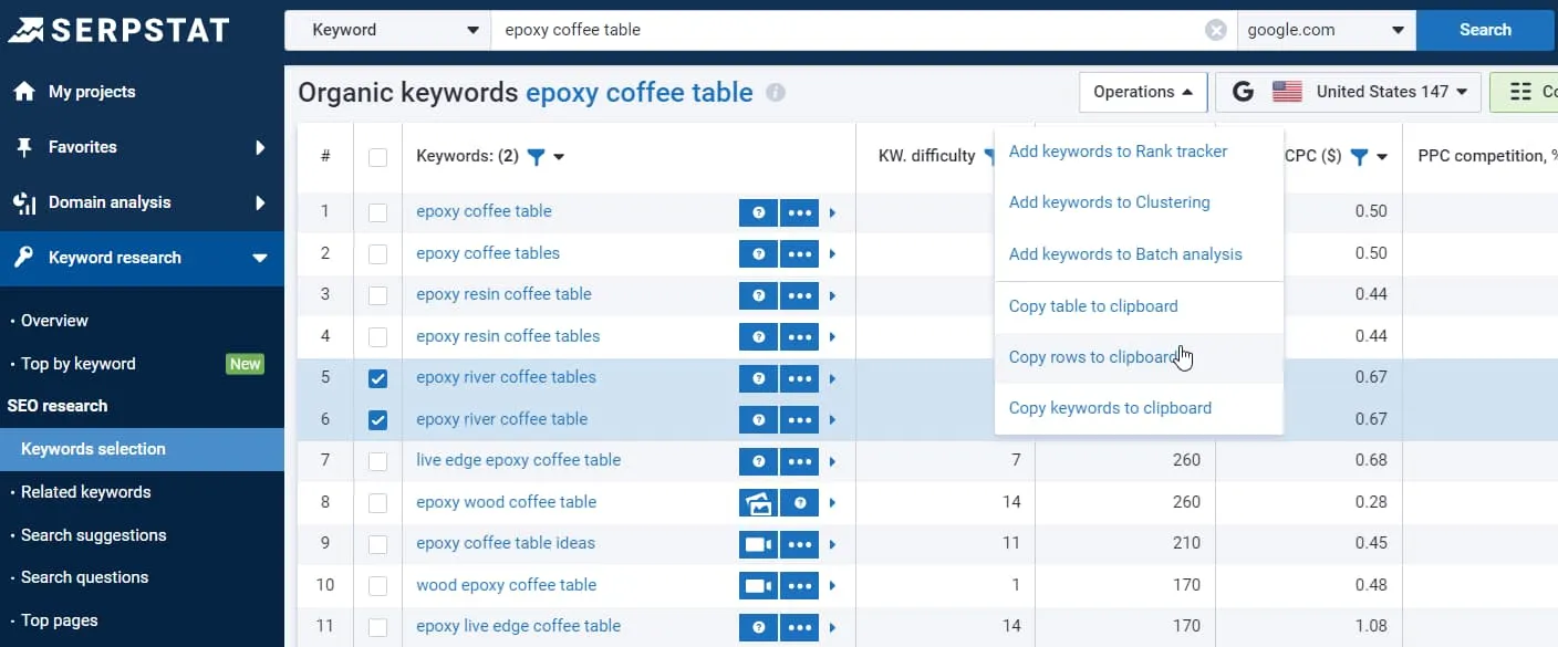 Keywords selection serpstat
