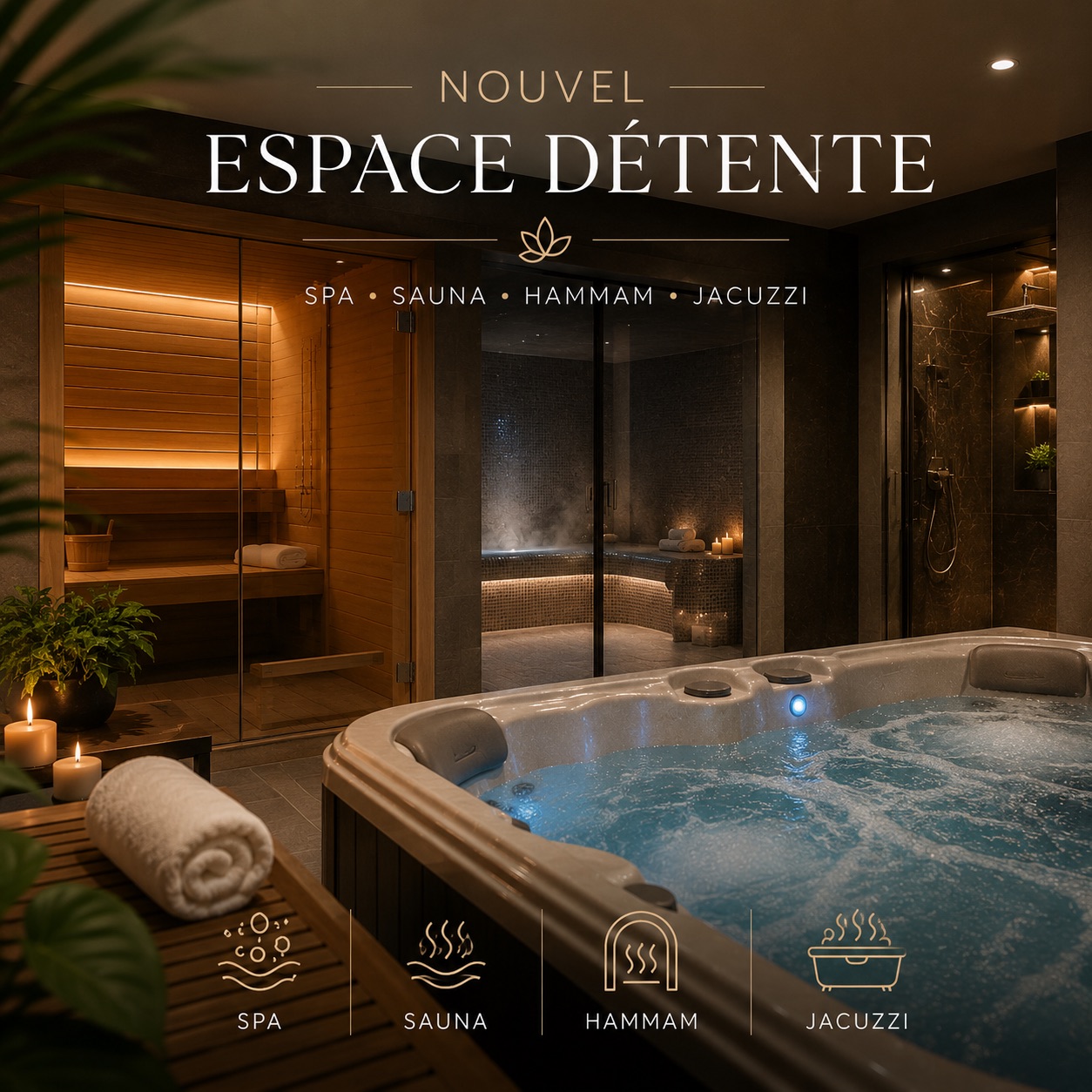 Découvrez notre nouvel espace détente, pensé pour vous offrir un véritable moment de bien-être. Profitez d'équipements haut de gamme avec sp