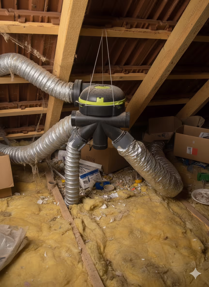 Insulation and air duct system with flexible silver tubes and a black unit hanging in an attic with wooden beams.