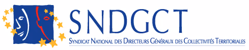 Logo of SNDGCT with stylized profiles and surrounding stars, representing Syndicat National des Directeurs Généraux des Collectivités Territoriales.