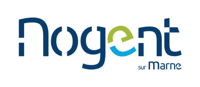 Logo de Nogent sur Marne avec le mot Nogent en bleu foncé et les lettres e en vert et bleu clair.