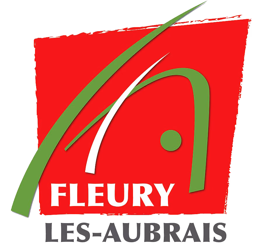 Logo de Fleury-les-Aubrais avec formes vertes sur fond rouge et texte blanc et noir.